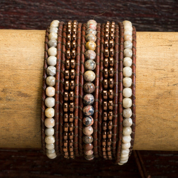 JuneStones five wrap bracelet Tranquility featuring Picture Jasper, Alabaster and Hematite gemstones and natural leather