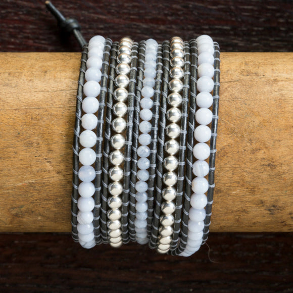 JuneStones five wrap bracelet Reflect featuring Sterling Silver and Aquamarine gemstones and natural leather