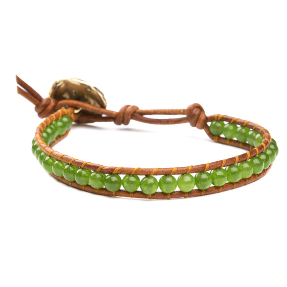 Women's wrap bracelet with Canadian Jade gemstones on natural leather