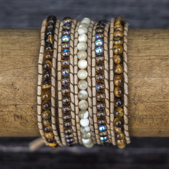 JuneStones five wrap bracelet Ground featuring Tiger Eye and Mother of Pearl gemstones and natural leather