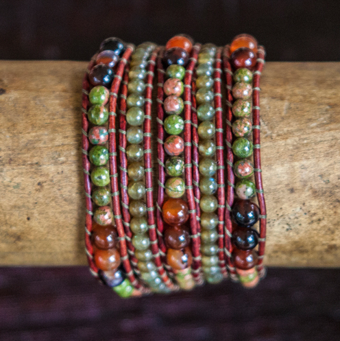 JuneStones five wrap bracelet Inspiration featuring Unakite, Green Garnet and Agate gemstones and natural leather