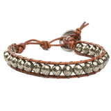 JuneStones women's wrap bracelet with pyrite gemstones on natural leather