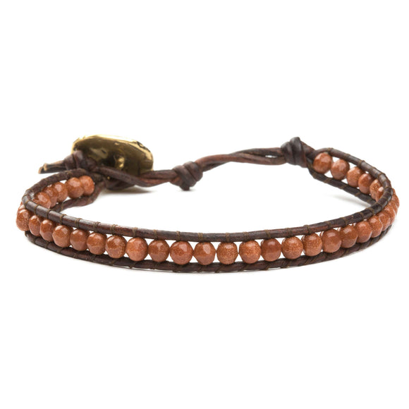 JuneStones women's wrap bracelet with goldstone gemstones on natural leather