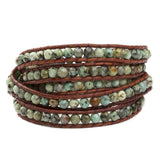 Women's five wrap bracelet with Green African Turquoise gemstones on natural leather