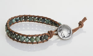 JuneStones single wrap bracelet Evolution I featuring Green African Turquoise gemstones and natural leather