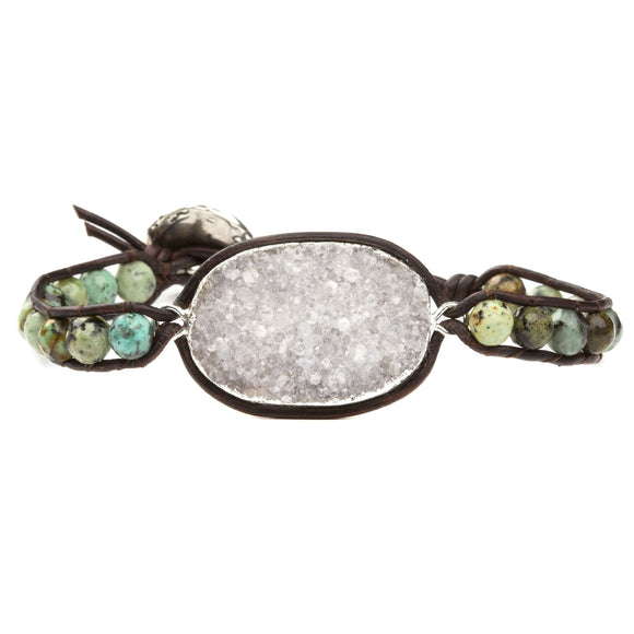 Women's bracelet with agate druzy and green african turquoise gemstones on natural leather