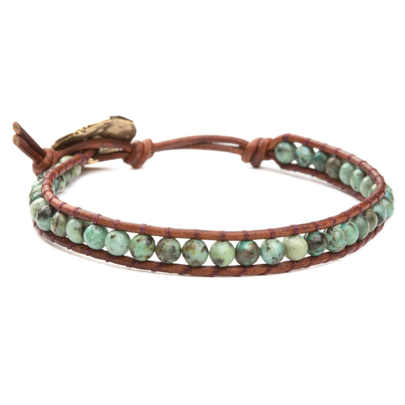 JuneStones women's wrap bracelet with green african turquoise gemstones on natural leather