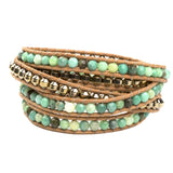 Women's five wrap bracelet with Green Moss Opal and Hematite gemstones on natural leather