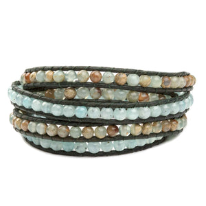 Women's five wrap bracelet with Impression Jasper gemstones on natural leather