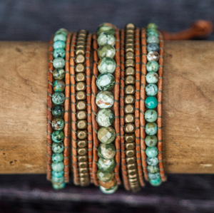 JuneStones five wrap bracelet Being featuring Green African Turquoise gemstones and natural leather