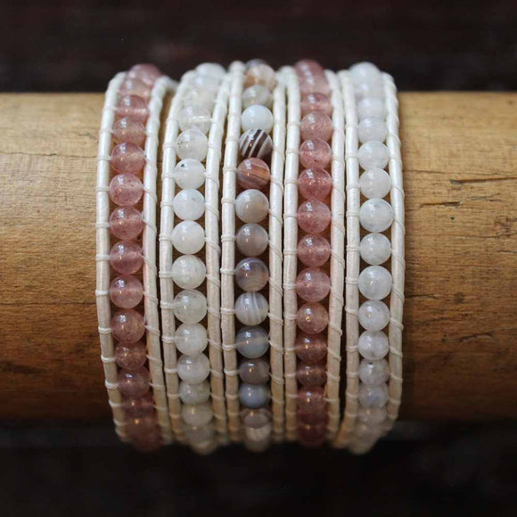 JuneStones five wrap bracelet Kindness featuring Moonstone, Botswana Agate and Cherry Quartz gemstones and natural leather