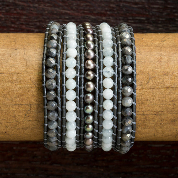 JuneStones five wrap bracelet Innocence featuring Pearl, Moonstone and Labradorite gemstones and natural leather