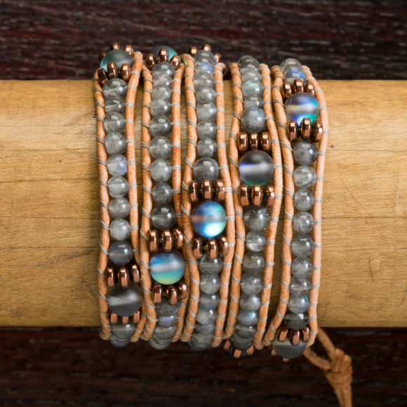 JuneStones five wrap bracelet Intuition featuring Moonstone, Labradorite and Hematite gemstones and natural leather