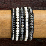 JuneStones five wrap bracelet Create featuring White Buffalo Turquoise, Labradorite, and Hematite gemstones and natural leather