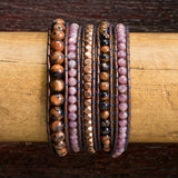 JuneStones five wrap bracelet Generate featuring Lepidolite and Goldstone gemstones and natural leather