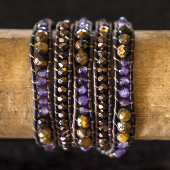 JuneStones five wrap bracelet Love featuring Tiger Eye and Amethyst gemstones and natural leather