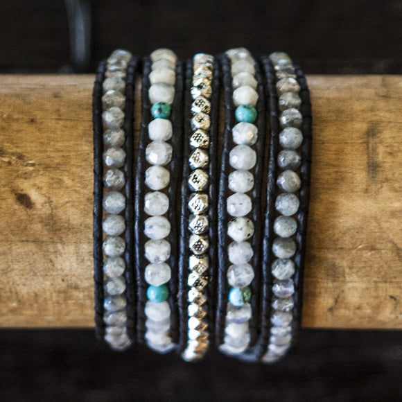 JuneStones five wrap bracelet Hope featuring Turquoise, Moonstone, Labradorite gemstones and natural leather
