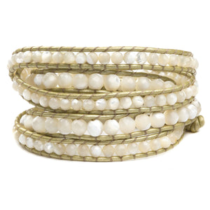 Women's five wrap bracelet with Mother of Pearl gemstones on natural leather