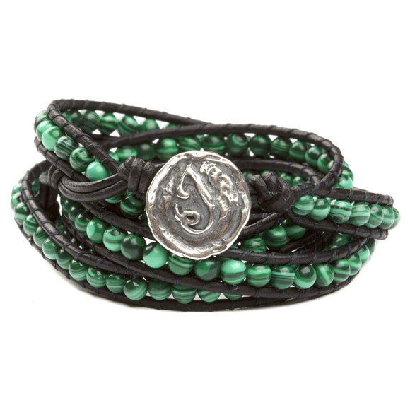 Women's five wrap bracelet with Malachite gemstones on natural leather