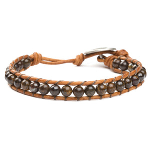 Men's wrap bracelet with bronzite gemstones and natural leather