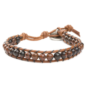Men's bracelet with mahogany obsidian gemstones and natural leather