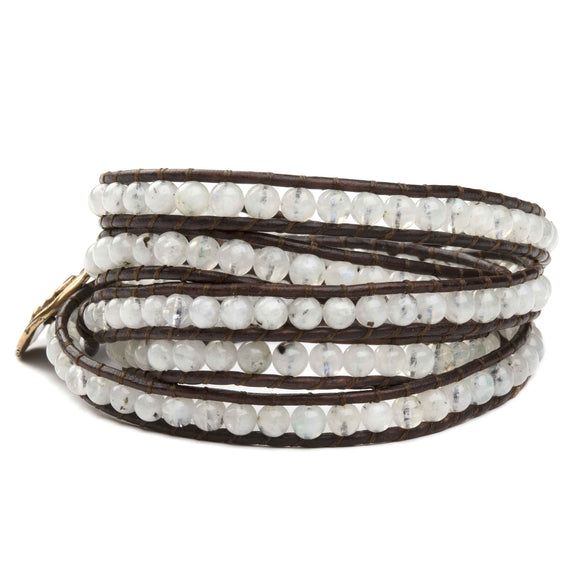 Women's five wrap bracelet with Moonstone gemstones on natural leather