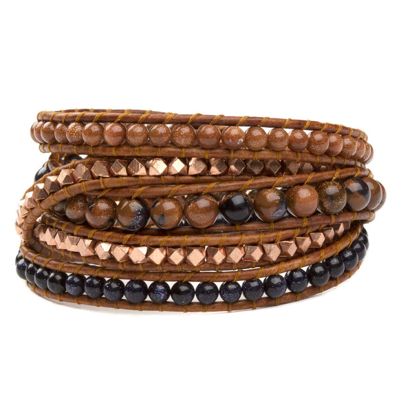 Women's five wrap bracelet with Goldstone gemstones and copper on natural leather