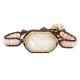 Women's bracelet with agate druzy and pink peruvian opal gemstones on natural leather