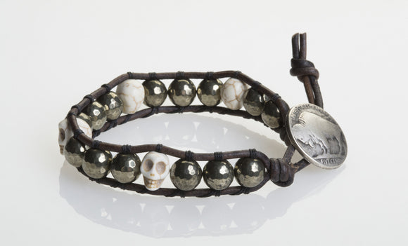 JuneStones five wrap bracelet Perception featuring Pyrite gemstones and natural leather