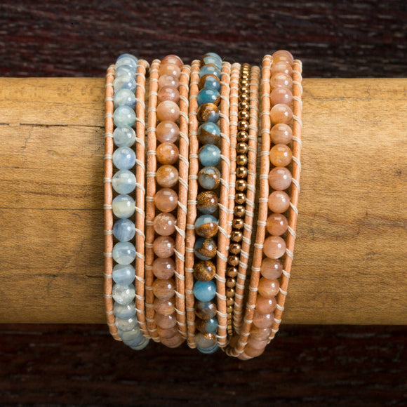 JuneStones five wrap bracelet Inner Peace featuring Rhodochrosite, Impression Jasper and Hematite gemstones and natural leather