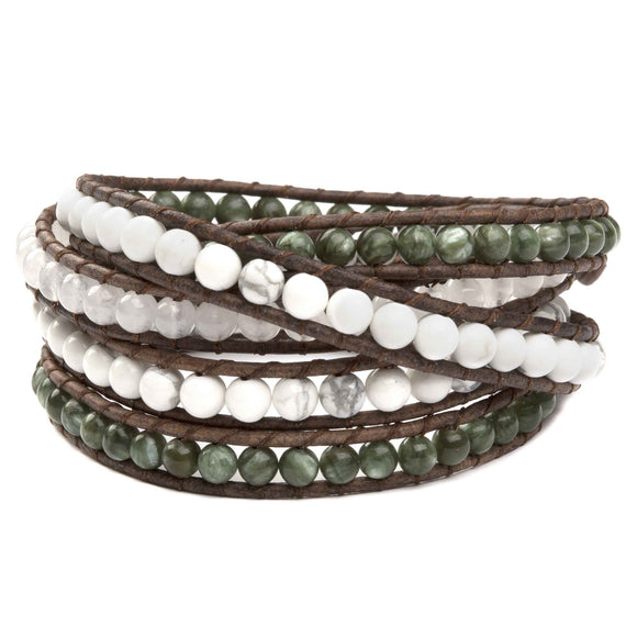 Women's five wrap bracelet with Seraphinite gemstones on natural leather