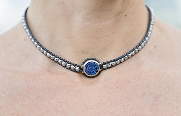 JuneStones women's choker wrap necklace with silver hematite gemstones and blue agate druzy