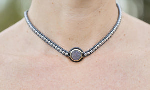 JuneStones women's choker wrap necklace with silver hematite gemstones and silver agate druzy
