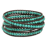 Women's five wrap bracelet with Turquoise gemstones on natural leather