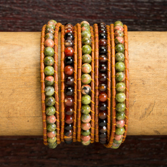 JuneStones five wrap bracelet Longevity featuring Unakite and Agate gemstones and natural leather