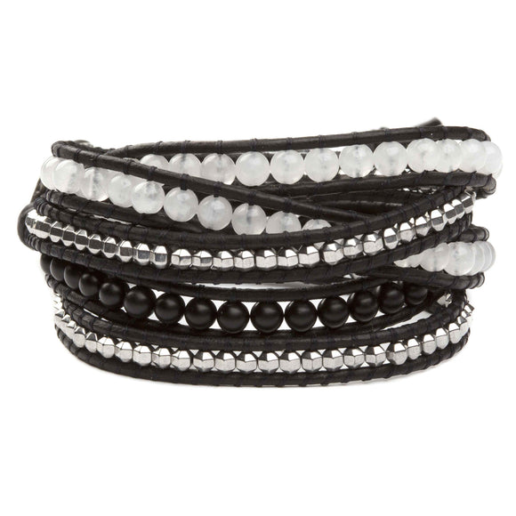 Women's five wrap bracelet with quartz, hematite, and onyx gemstones on natural leather
