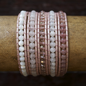 JuneStones five wrap bracelet Acceptance featuring Moonstone, Rose Quartz and Cherry Quartz gemstones and natural leather