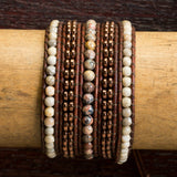JuneStones five wrap bracelet Tranquility featuring Picture Jasper, Alabaster and Hematite gemstones and natural leather