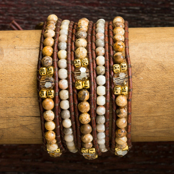 JuneStones five wrap bracelet Clarity featuring Picture Jasper and Alabaster gemstones and natural leather