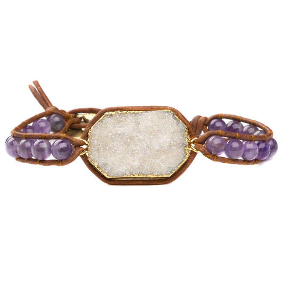 Women's bracelet with agate druzy and amethyst gemstones on natural leather