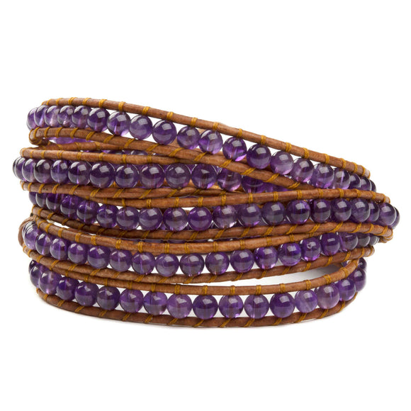 Women's five wrap bracelet with amethyst gemstones on natural leather