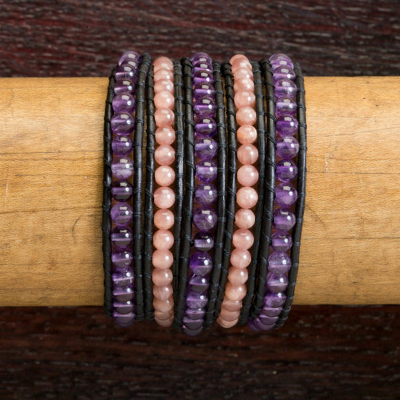 JuneStones five wrap bracelet Divine featuring Rhodochrosite and Amethyst gemstones and natural leather