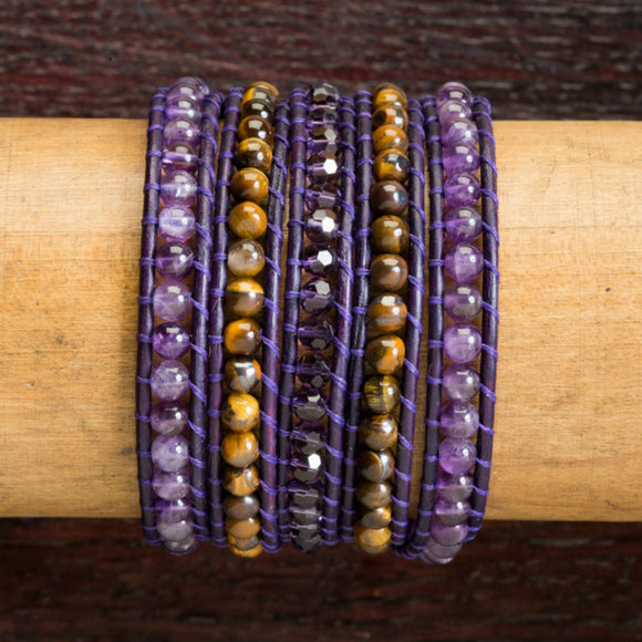 JuneStones five wrap bracelet Balance featuring Amethyst and Tiger Eye gemstones and natural leather