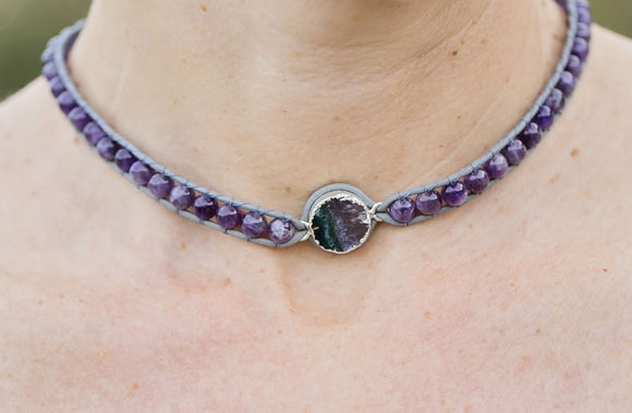 JuneStones women's choker wrap necklace with amethyst gemstones and fluorite druzy