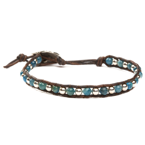Women's bracelet with apatite gemstones and sterling silver on natural leather