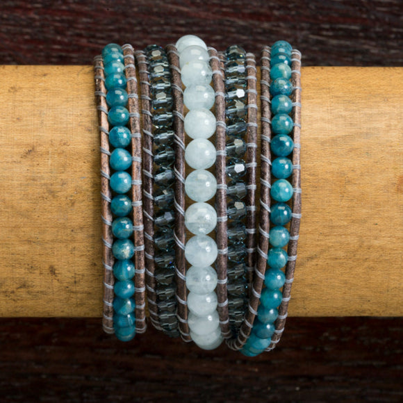 JuneStones five wrap bracelet Manifest featuring Aquamarine and Apatite gemstones and natural leather