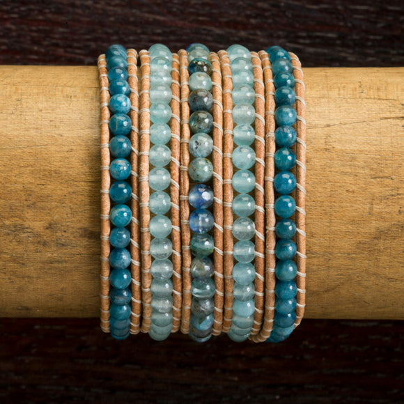 JuneStones five wrap bracelet Align featuring Kyanite, Apatite, and Blue Quartz gemstones and natural leather