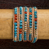 JuneStones five wrap bracelet Expand featuring Carnelian, Apatite and Hematite gemstones and natural leather