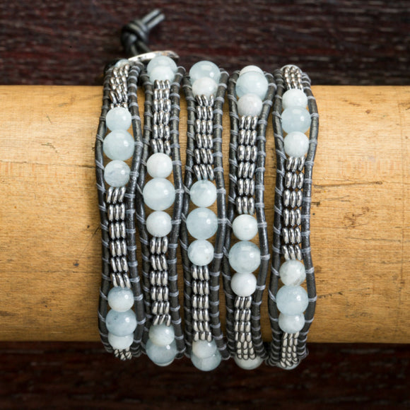 JuneStones five wrap bracelet Peace featuring Aquamarine and Hematite gemstones and natural leather