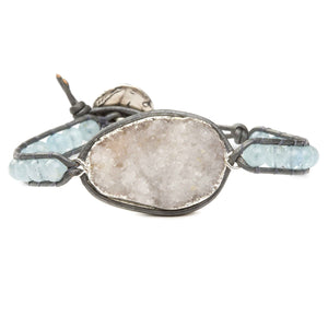 Women's bracelet with agate druzy and aquamarine gemstones on natural leather